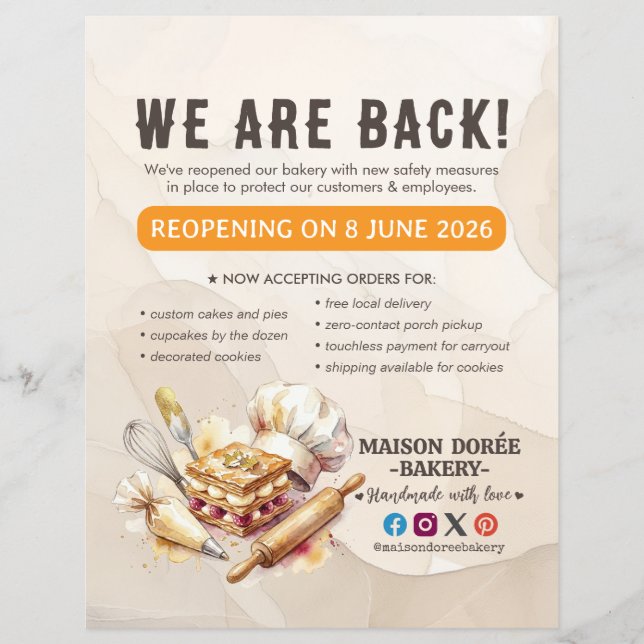 Bakery Pastry Chef Baking Catering Grand Reopening Flyer (Front)