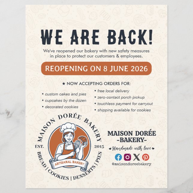 Bakery Pastry Chef Baking Catering Grand Reopening Flyer (Front)