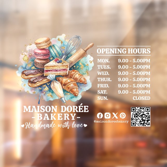 Bakery Pastry Chef Baking Catering Opening Hours Window Cling (Sheet 2)
