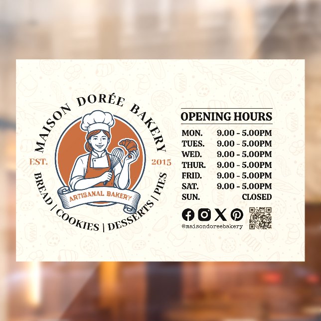 Bakery Pastry Chef Baking Catering Opening Hours Window Cling (Sheet 2)