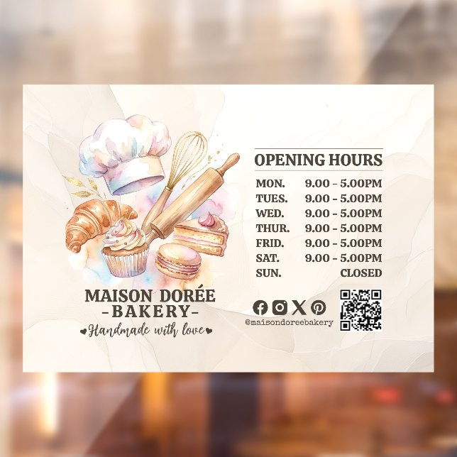 Bakery Pastry Chef Baking Catering Opening Hours Window Cling (Sheet 2)