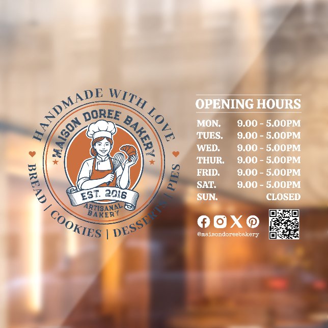 Bakery Pastry Chef Baking Catering Opening Hours Window Cling (Sheet 2)
