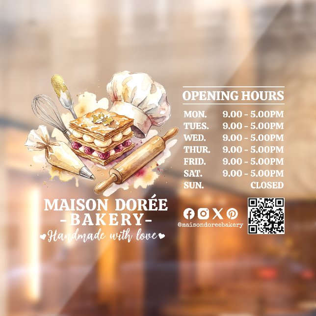 Bakery Pastry Chef Baking Catering Opening Hours Window Cling (Sheet 2)