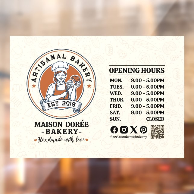 Bakery Pastry Chef Baking Catering Opening Hours Window Cling (Sheet 2)