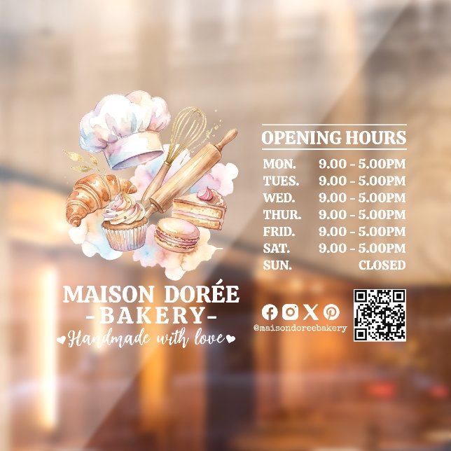 Bakery Pastry Chef Baking Catering Opening Hours Window Cling (Sheet 2)