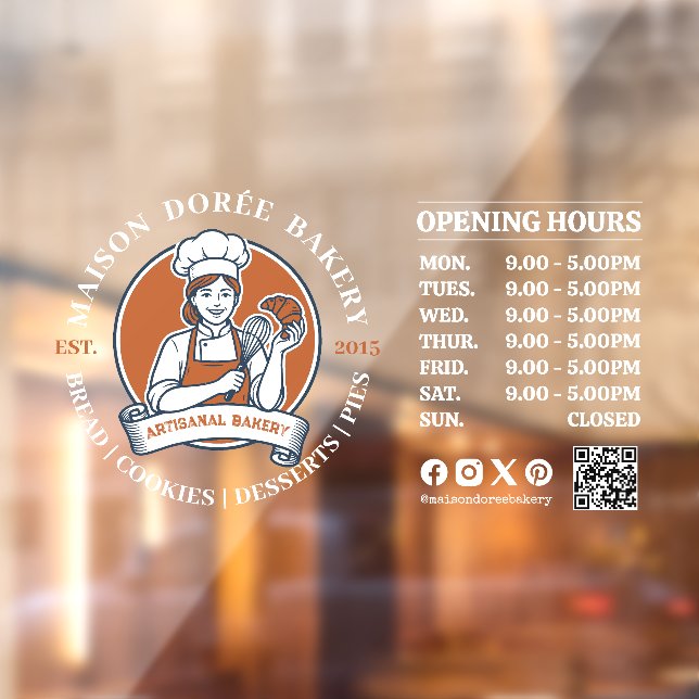Bakery Pastry Chef Baking Catering Opening Hours Window Cling (Sheet 2)
