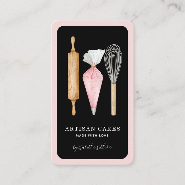 Bakery Pastry Chef Baking Utensils Black Business Card (Front)