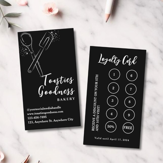 Bakery Pastry Chef Baking Utensils Black Loyalty Card (Creator Uploaded)