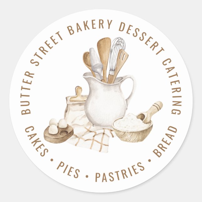 Bakery Pastry Chef Baking Utensils Watercolor Classic Round Sticker (Front)
