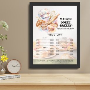 Bakery Pastry Chef Cake Baker Menu Price List Framed Art