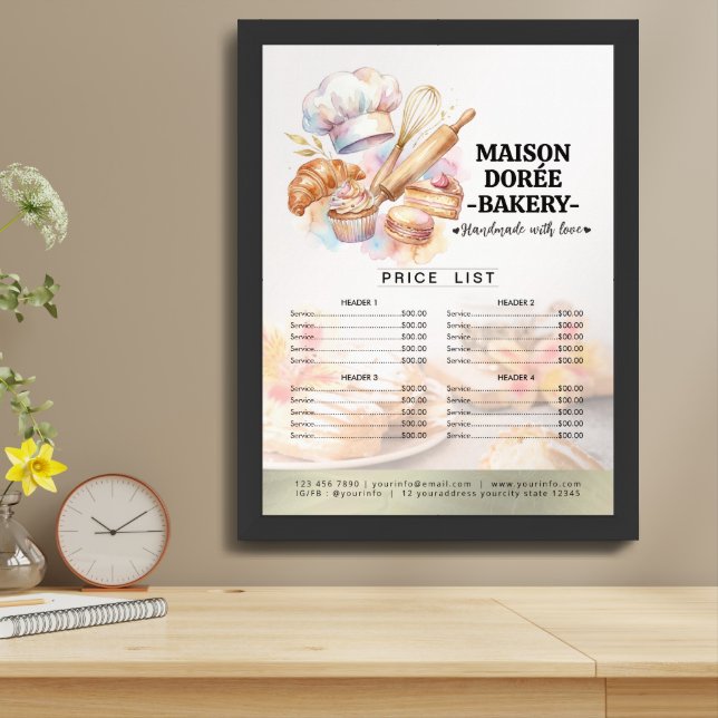 Bakery Pastry Chef Cake Baker Menu Price List Framed Art (Table Top)