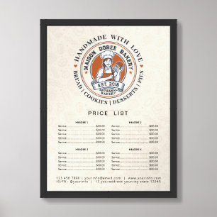 Bakery Pastry Chef Cake Baker Menu Price List Framed Art