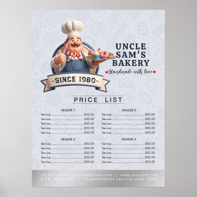 Bakery Pastry Chef Cake Baker Menu Price List Framed Art (Front)