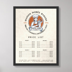 Bakery Pastry Chef Cake Baker Menu Price List Framed Art
