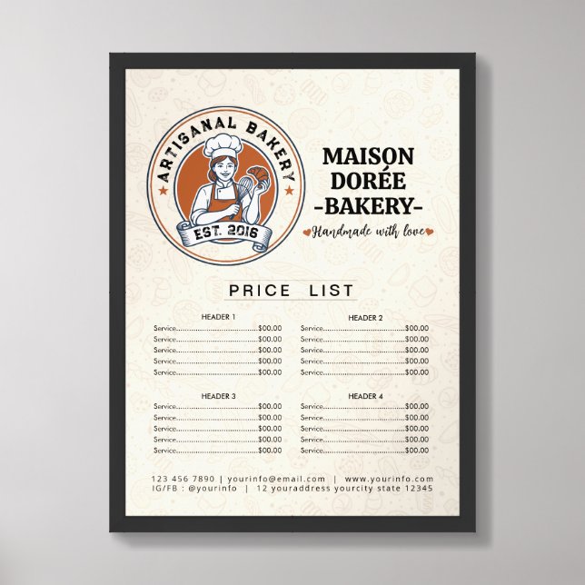 Bakery Pastry Chef Cake Baker Menu Price List Framed Art (Framed Front)