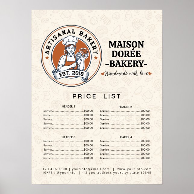 Bakery Pastry Chef Cake Baker Menu Price List Framed Art (Front)