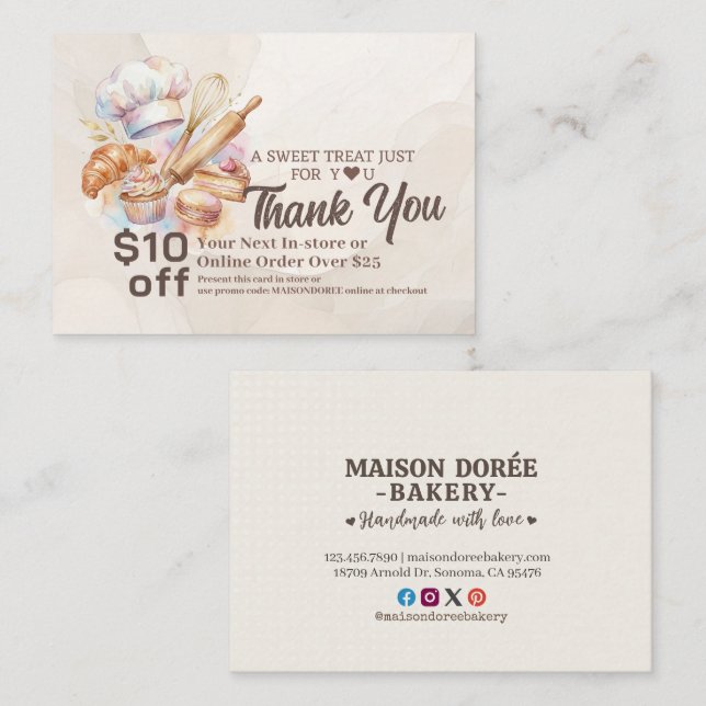 Bakery Pastry Chef Cake Baker Thank You Promo Code Discount Card (Front/Back)