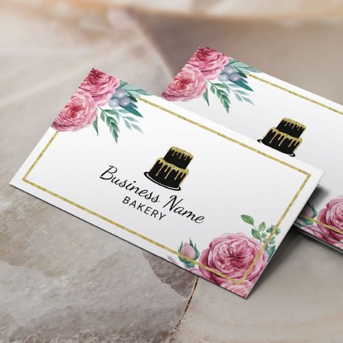 Bakery Pastry Chef Cake Elegant Watercolor Floral Business Card