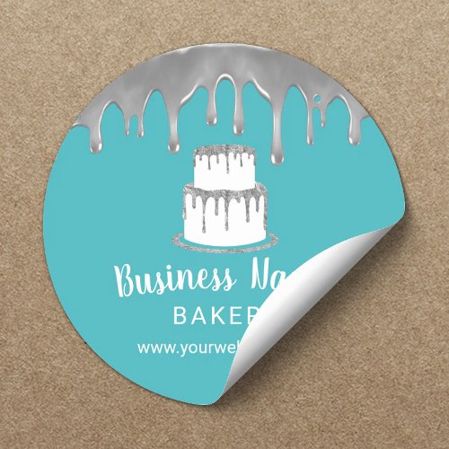 Bakery Pastry Chef Cake Logo Silver  Turquoise Classic Round Sticker