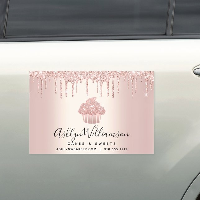 Bakery Pastry Chef Cupcake Rose Gold Glitter Drips Car Magnet (Creator Uploaded)