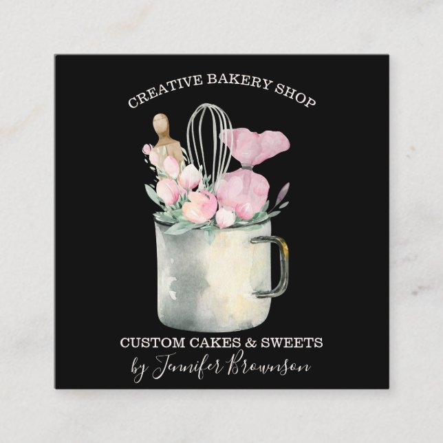 Bakery Pastry Chef cute black Square Business Card (Front)