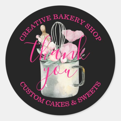 Bakery Pastry Chef cute pink black thank you Classic Round Sticker