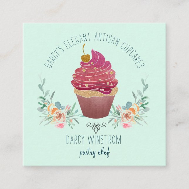 Bakery Pastry Chef Elegant Cupcake Baker Green Square Business Card (Front)