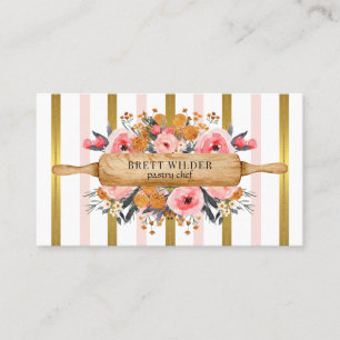Bakery Pastry Chef Floral Pink Gold Foil Stripes Business Card