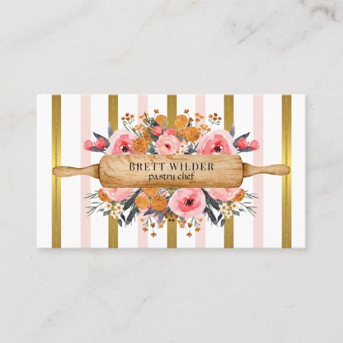 Bakery Pastry Chef Floral Pink Gold Foil Stripes Business Card