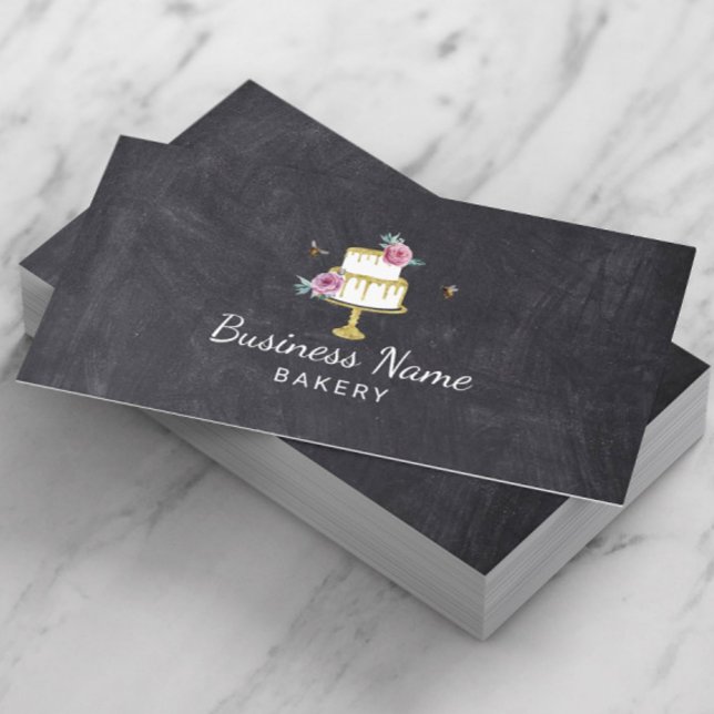 Bakery Pastry Chef Flower & Bees Cake Chalkboard Business Card (Creator Uploaded)
