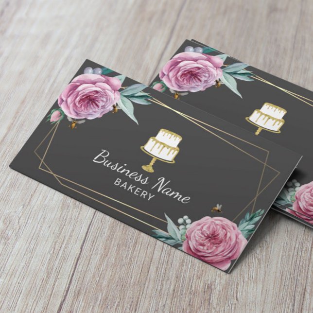 Bakery Pastry Chef Flower & Bees Geometric Gray Business Card (Creator Uploaded)