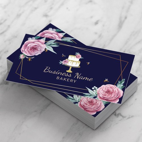 Bakery Pastry Chef Flower  Bees Sweet Cake Navy Business Card