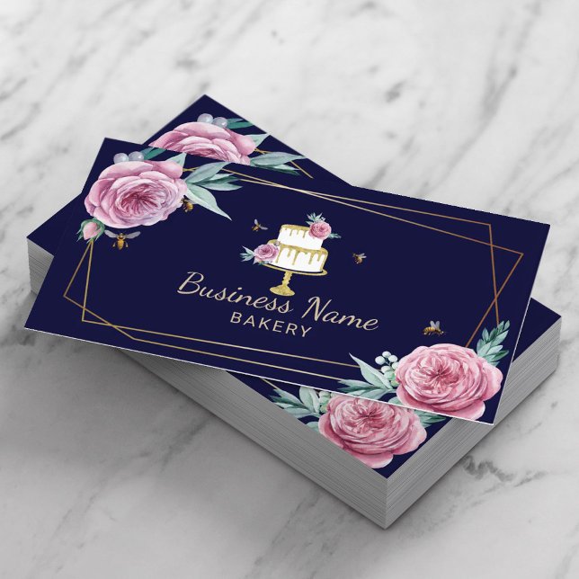 Bakery Pastry Chef Flower & Bees Sweet Cake Navy Business Card (Creator Uploaded)