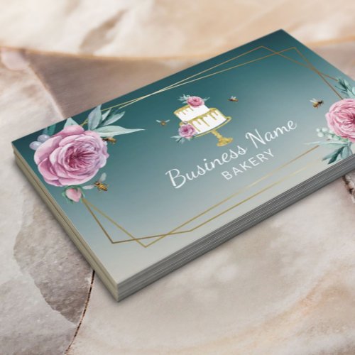Bakery Pastry Chef Flower  Bees Teal Cake Business Card