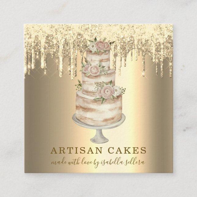Bakery Pastry Chef Glitter Drips Platinum Gold Square Business Card (Front)
