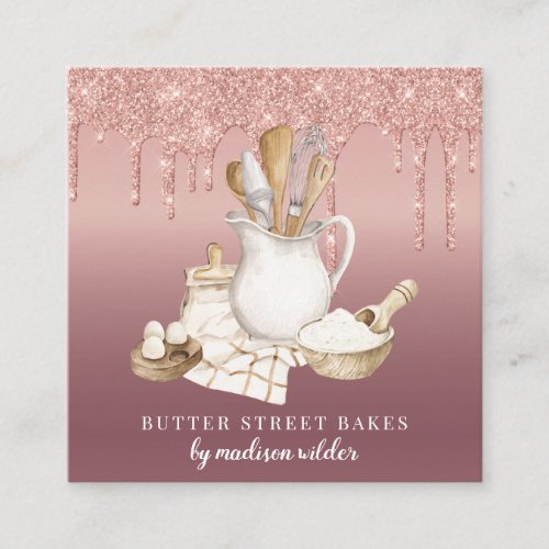 Bakery Pastry Chef Glitter Drips Rose Gold Square Business Card