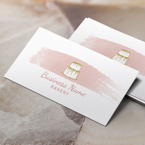 Bakery Pastry Chef Gold Cake Logo Blush Watercolor Business Card