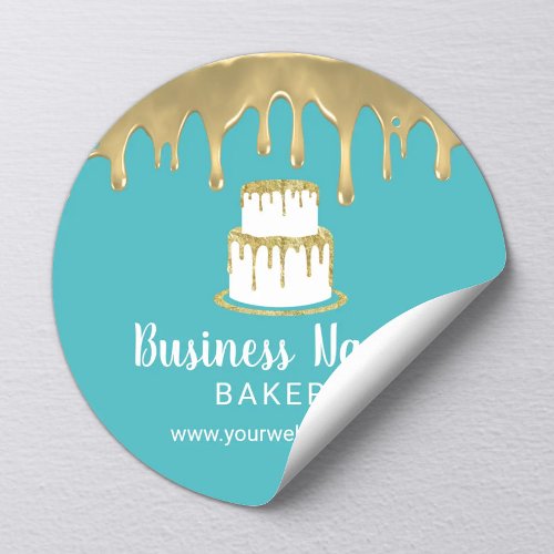 Bakery Pastry Chef Gold Cake Logo Modern Turquoise Classic Round Sticker