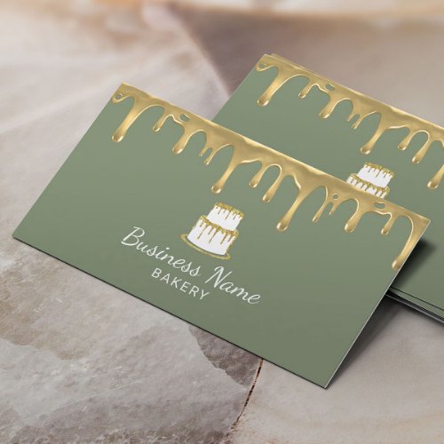 Bakery Pastry Chef Gold Drip Cake Sage Green Business Card