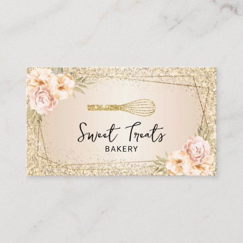 Bakery Pastry Chef Gold Glitter Floral Sweet Cake Business Card