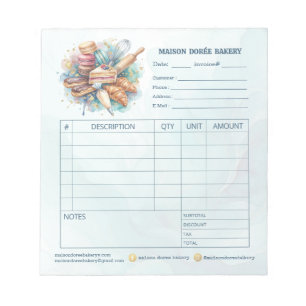 Bakery Pastry Chef Invoice Sale Order Form Receipt Notepad