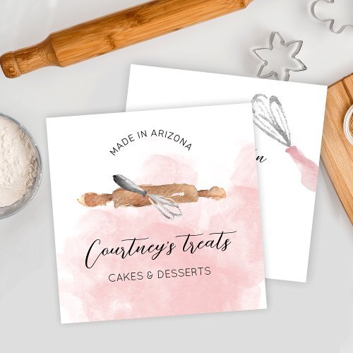 Bakery Pastry Chef Logo Pink Watercolor Catering Square Business Card