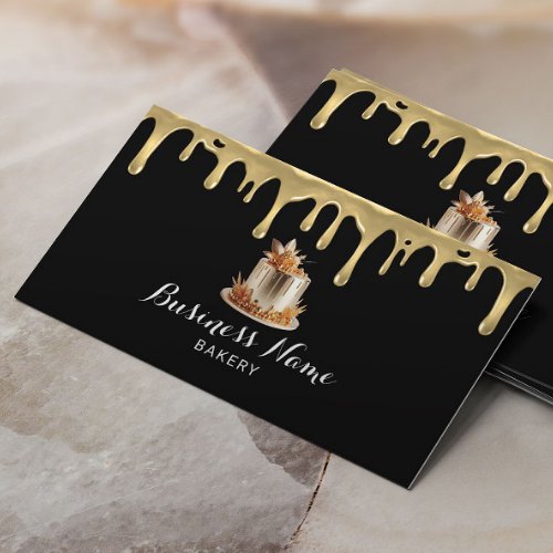Bakery Pastry Chef Modern Gold Drip Cake Black Business Card