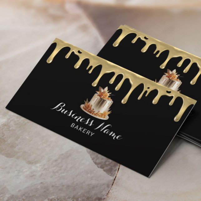 Bakery Pastry Chef Modern Gold Drip Cake Black Business Card (Creator Uploaded)