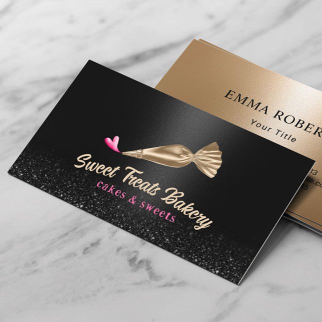 Bakery Pastry Chef Modern Gold Piping Bag & Heart Business Card (Creator Uploaded)