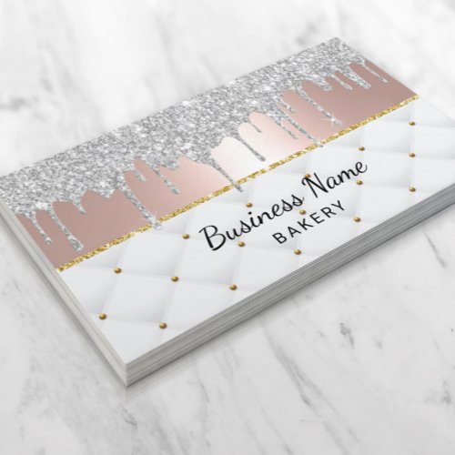 Bakery Pastry Chef Modern Silver Drips Rose Gold Business Card