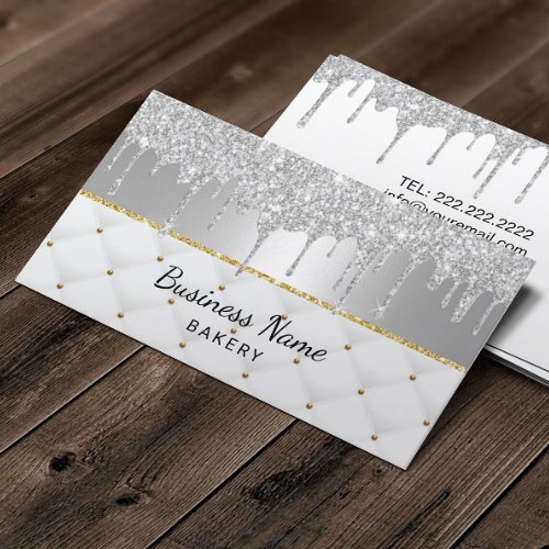 Bakery Pastry Chef Modern Silver Glitter Drips Lux Business Card