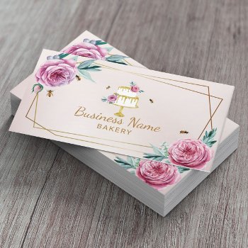 Bakery Pastry Chef Pink Flower & Bees Sweet Cake Business Card by cardfactory at Zazzle