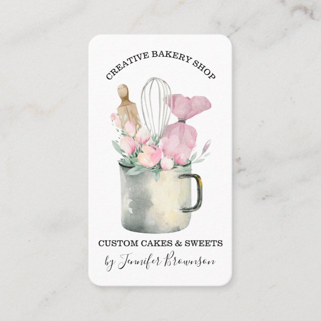 Bakery Pastry Chef Pink Flowers Boho chic Business Card (Front)