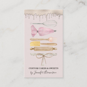 Bakery Pastry Chef Pink Watercolor Cake Drip Business Card